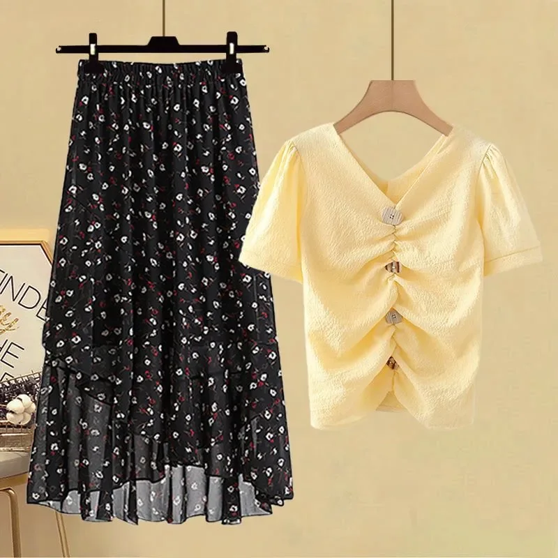 Women\'s Shirts Long Dress Two Piece Suit Summer Foreign Style High Waist A-line Skirts Sets Korean Fashion School Casual Clothes
