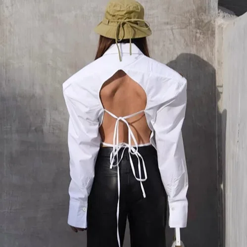 

Bangniweigou Шикарная белая рубашка с вырезом на спине, женская уличная однобортная рубашка с длинными рукавами