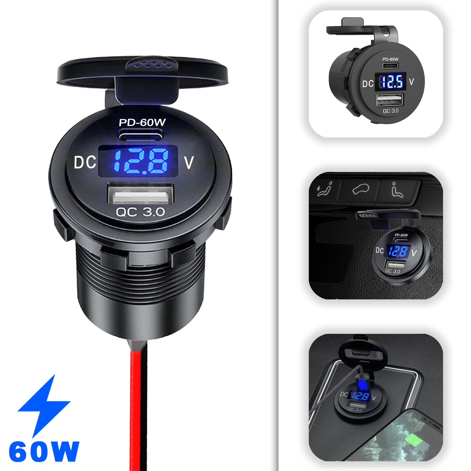 

PD 60W Fast Charger & QC 3.0 Quick Power Supply with LED Voltmeter Waterproof Dual USB Car Charger Adapter for Car Marine Truck