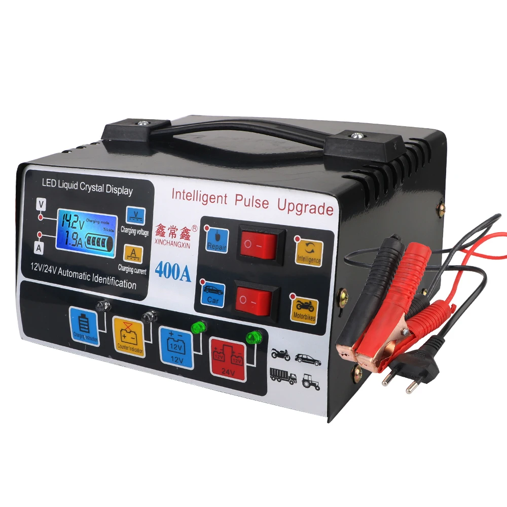 EU Plug 12V/24V 220W LCD Display Pulse Repair Fully Automatic High Power Intelligent Car Battery Charger