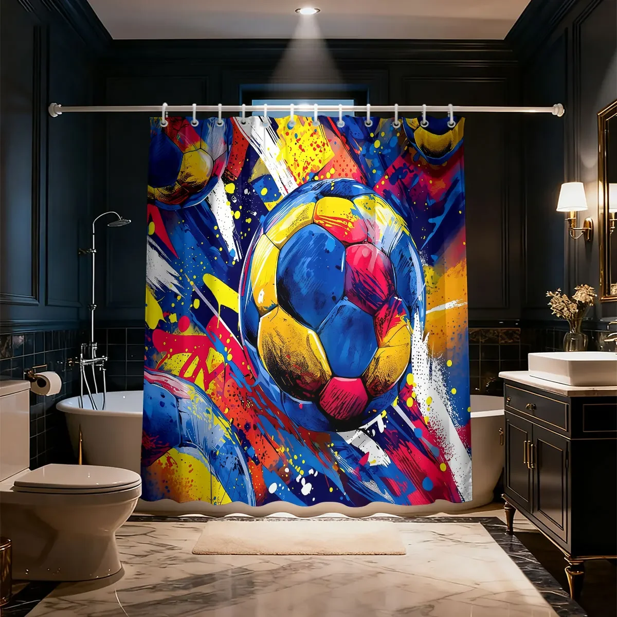 1pc Color Basketball Printed Waterproof Shower Curtain Partition Privacy Hanging Curtain, 12 Hooks, Multiple Sizes