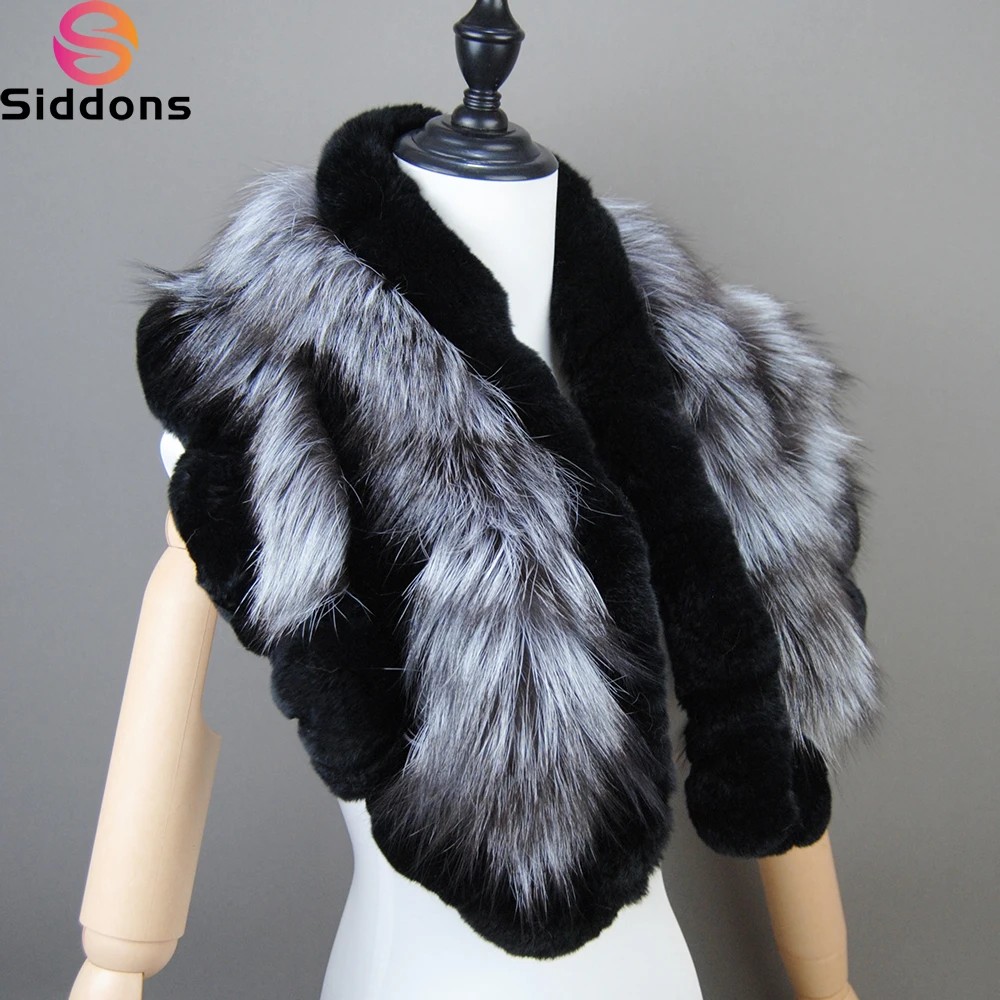 Genuine Rex Rabbit Fur Scarf With Fox Fur Women Winter Warm Scarves Trendy Elegant Natural Rex Rabbit Fur Ring Scarves Female