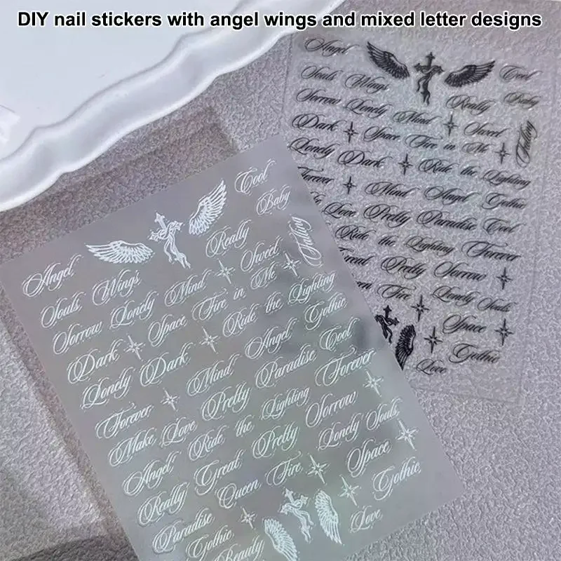 

Black White Letter Words Nail Stickers Angel Wings Letter Mixed Designs Holographic Y2K Nail DIY Decorative Stickers