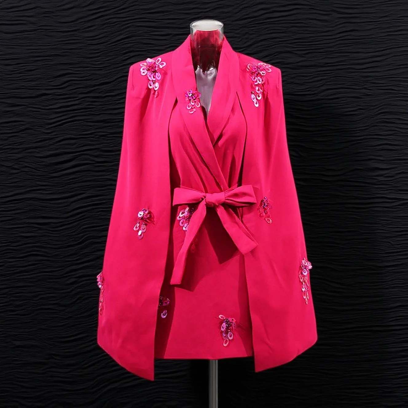 ZAMOR HIGH QUALITY Elegant Office Cape Blazer 2026 New Fashion 3D Sequin Design V Neck Tie Waist Women's Jacket