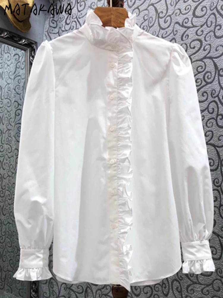 

Matakawa Puff Sleeve Women Shirts&blouses Solid Ruffles White Korean Fashion Vintage Elegant Blusas Mujer Spring Autumn Camisas