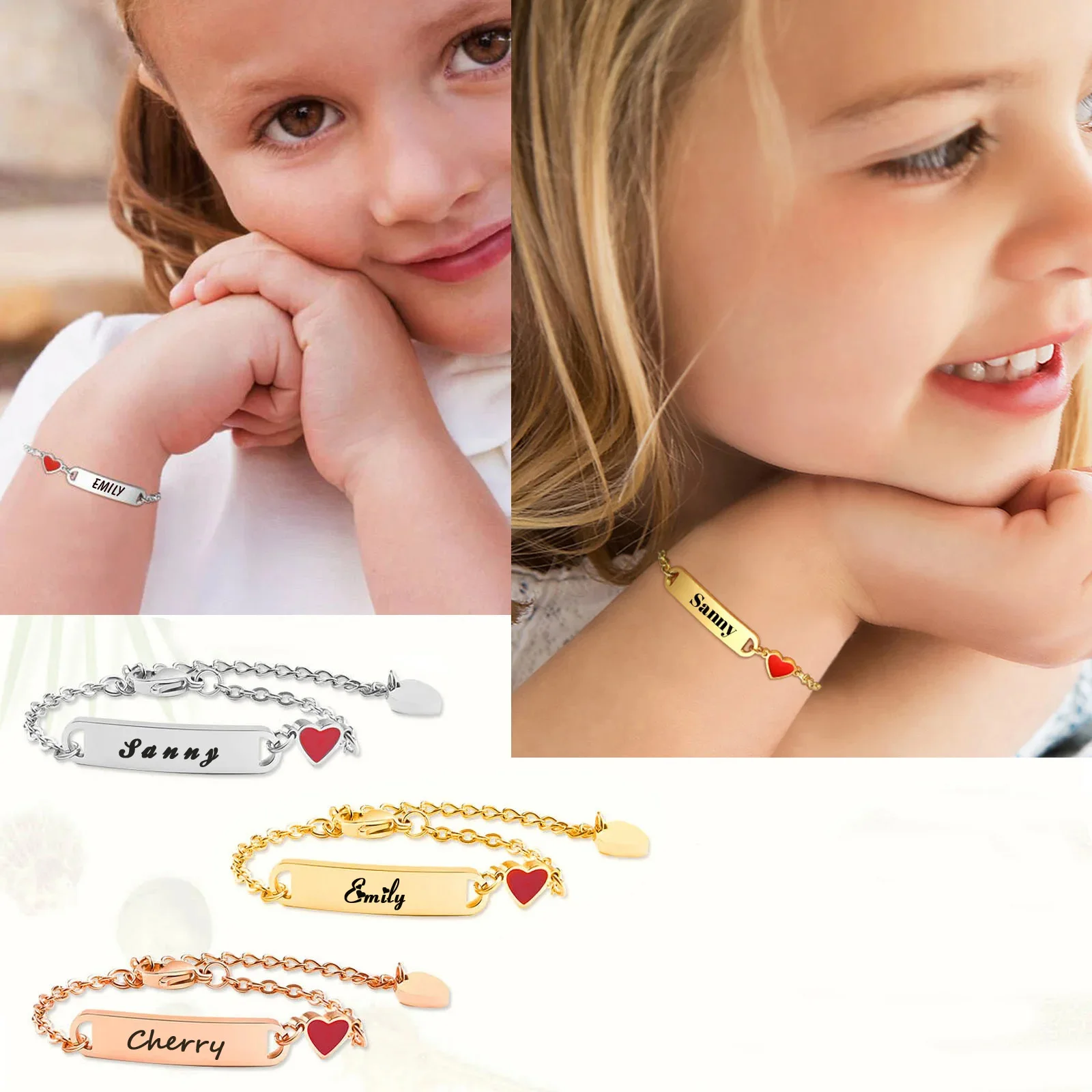 Customized Heart Bracelet for Little Girl Boy, Engravable ID Name Bracelet, Personalized Stainless Steel Chain Birthday Gift