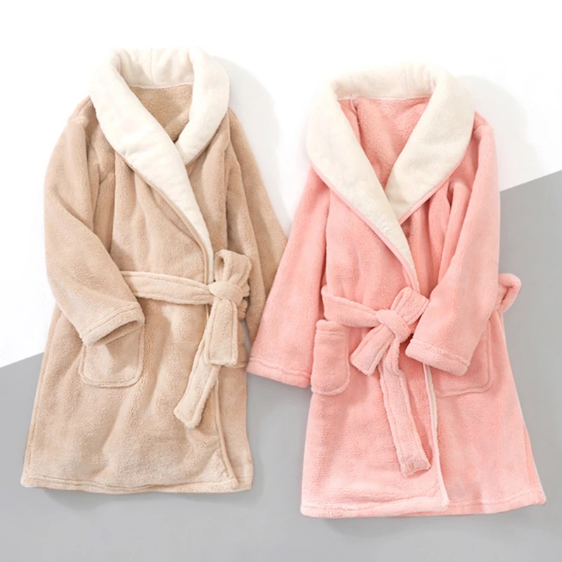 4-12Y Kids Robes Fall Winter Children Flannel Soft Warm Long Sleeve Pajama Robes Boys Girls Pink White Bathrobe Casual Nightgown