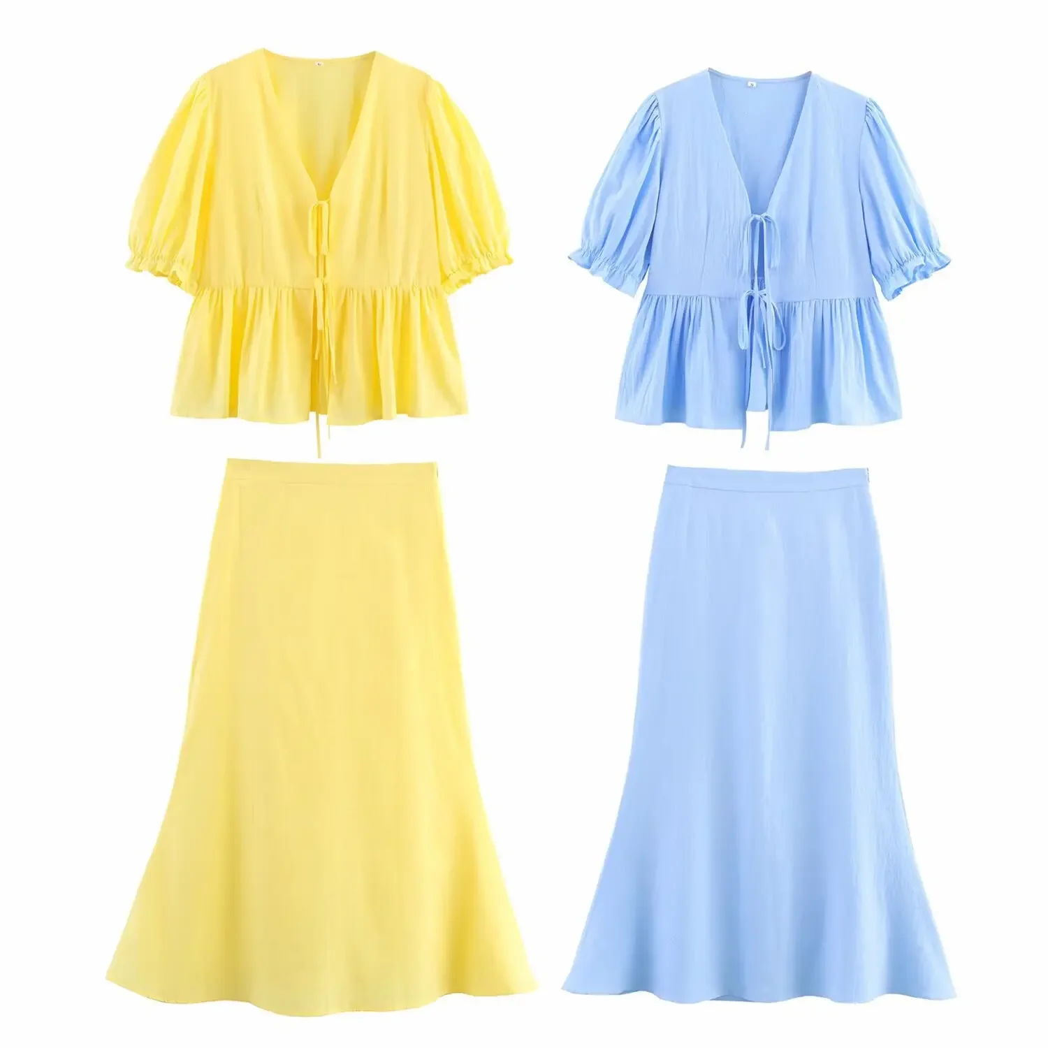 

Women Two Piece Skirt Set New V-Neck Puff Sleeves Lace-up French Style Shirt+Summer Elegant Fishtail Hip Zipper Midi Skirt Suit