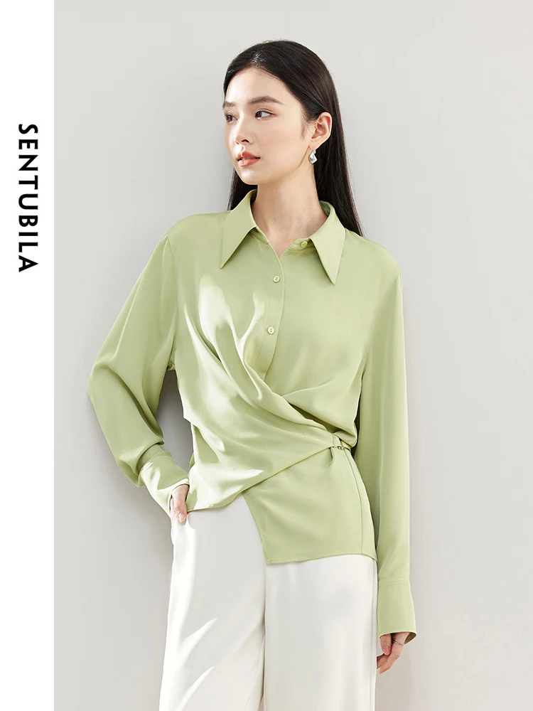 

SENTUBILA Polo Collar Light Green Womens Blouses 2024 Spring Solid Office Ladies Button Up Long Sleeve Shirts Blouses 141C53335