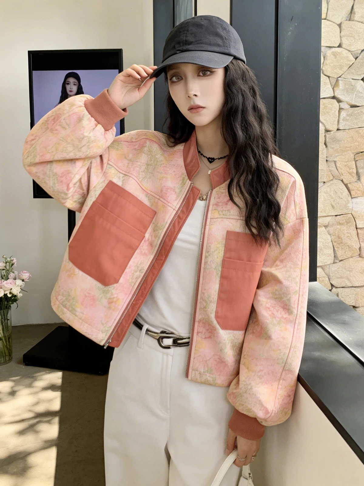 Retro Korean Floral Baseball Jacket Women's High Waist Slim Short Outerwear Summer Contrast Color Pocket Coat Commute Style