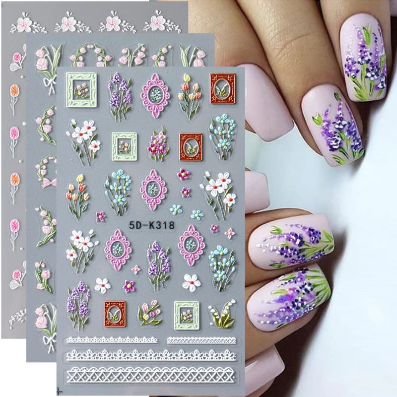 5D Spring Floral Nail Stickers Lavender Daisy Blossoms Lily Flower Designs Embossed Adhesive Decals Nail Art Decorations