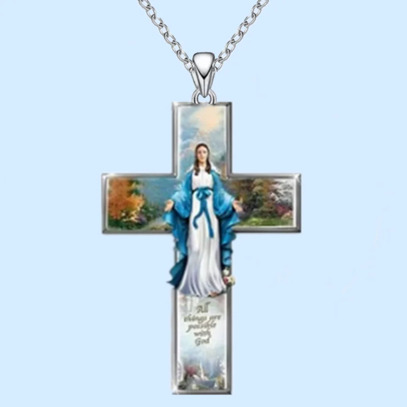 Vintage Women Cross Pendant Religious Belief Jesus Cross Painted Sticker Pendant Charm Necklaces for Women Cross Jewelry Gift