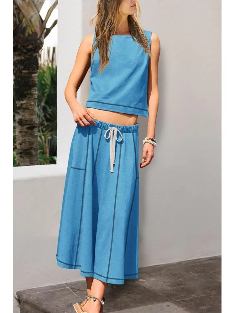 

Female Fashion Skirt Two-piece Set Solid-color Sleeveless Tank Top+a-line Skirts With Pocket Suit Ladies Spring Summer Outfit