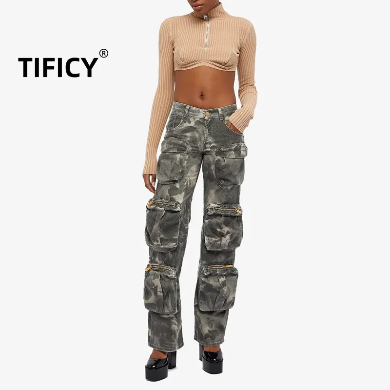 

High Quality New Style Women's Loose Fitting Straight Tube Multi Pocket Camouflage Printed Casual Pants