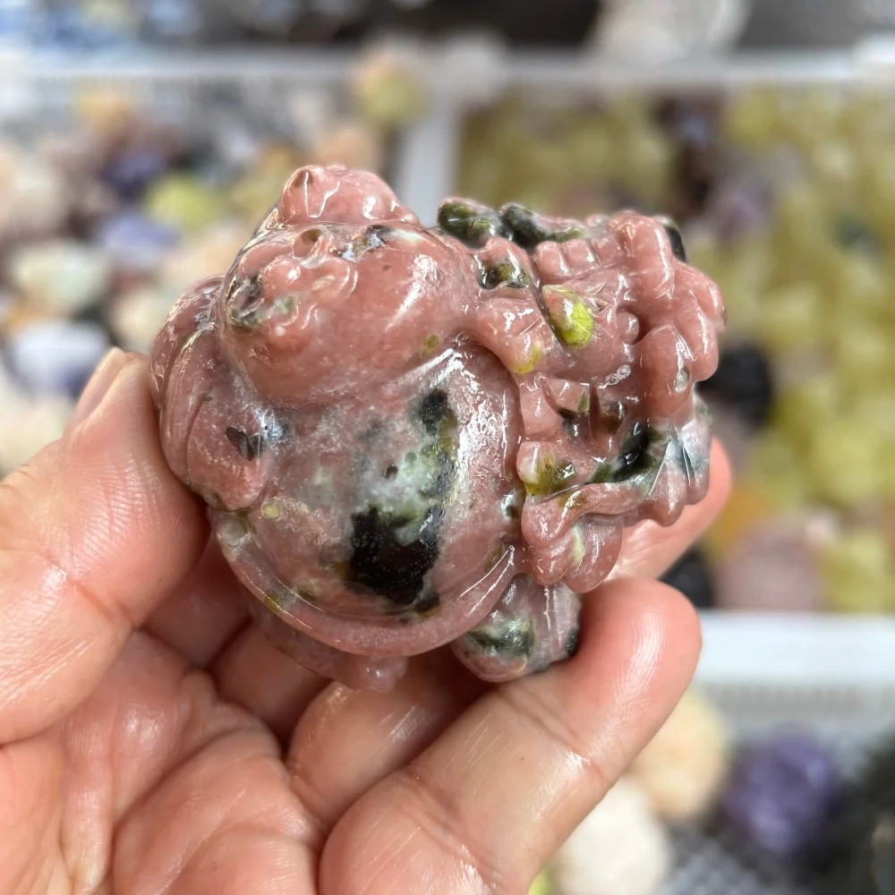 1PCS Natural Peach Blossom Tourmaline Pixiu Dragon Turtle Carving Polished Reiki Healing Feng Shui Energy Room Decor Gift