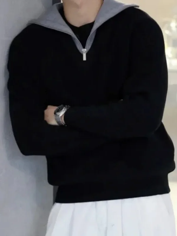 

Casual Knitted f-Zip Sweater Hoodie Men's Simple Sle Spring Autumn New Arrival Loose Outerwear Fake Two-Piece Top