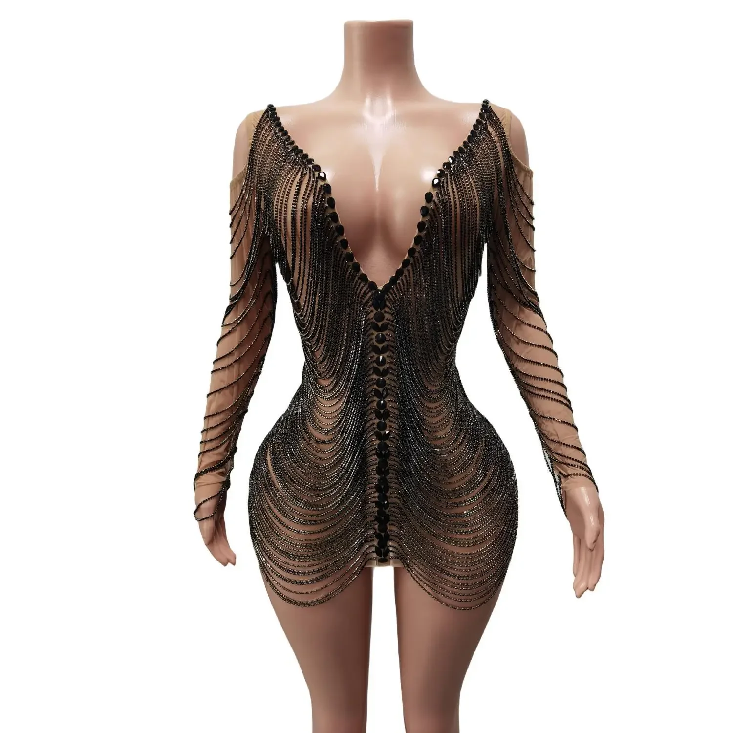 فاخر سلسلة وحيد القرن كوكتيل فستان قصير المرأة عيد ميلاد حفلة موسيقية الملكة الزي مثير العميق الخامس الرقبة التنانير ملهى ليلي أداء ارتداء