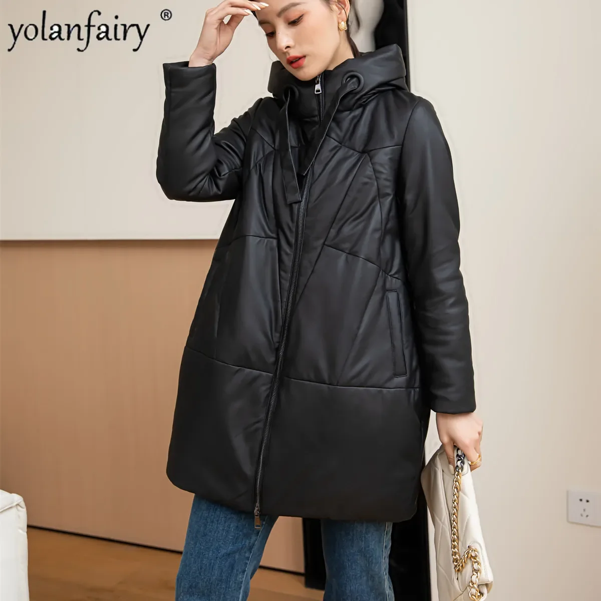 YOLANFAIRY سترة نسائية من الجلد الطبيعي معطف شتوي من جلد الغنم للنساء متوسطة الراقية سترات سميكة كبيرة الحجم ملابس الخريف