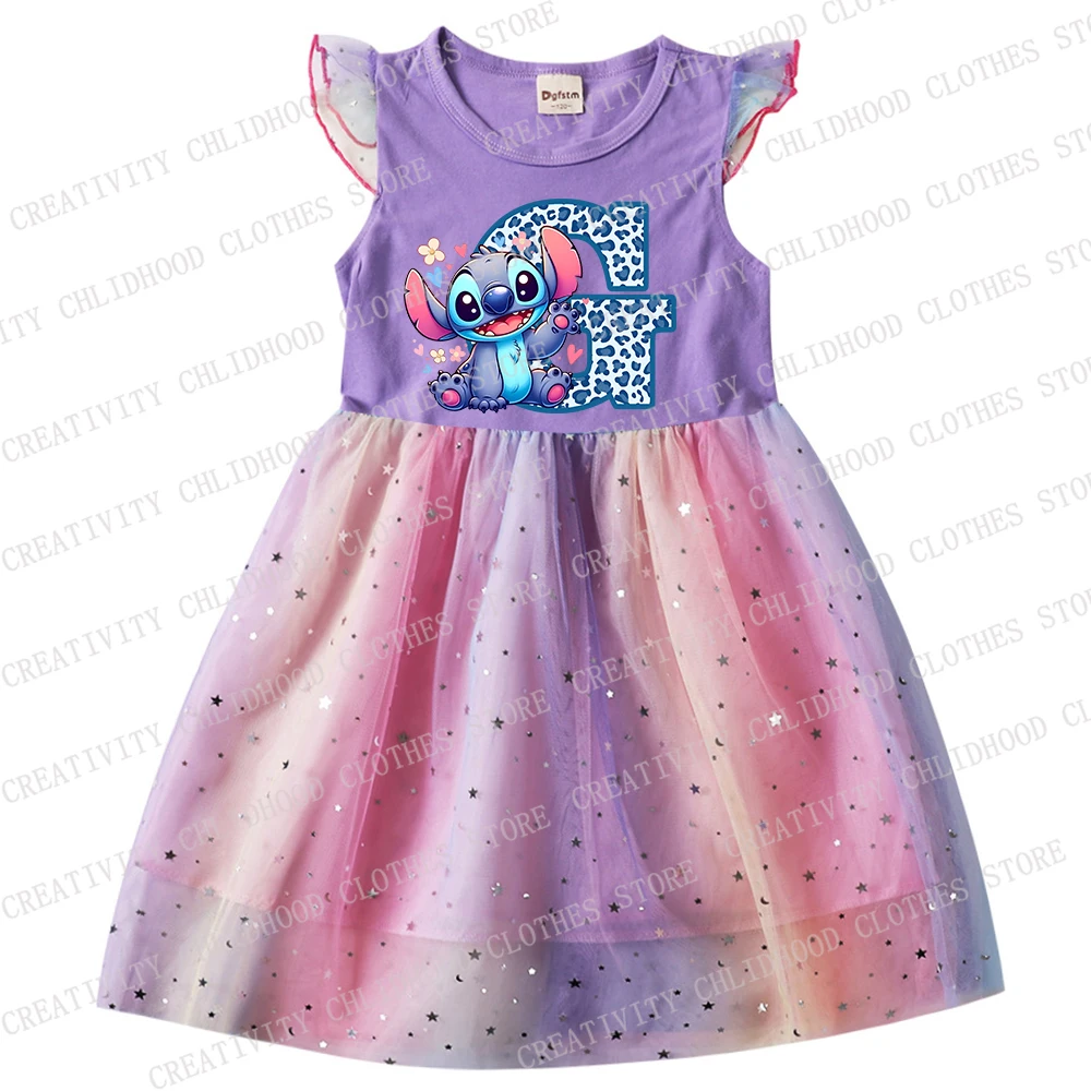 Vestido con estampado de Disney para niña, ropa informal de gasa con letras, Stitch, ABCD, dibujos animados