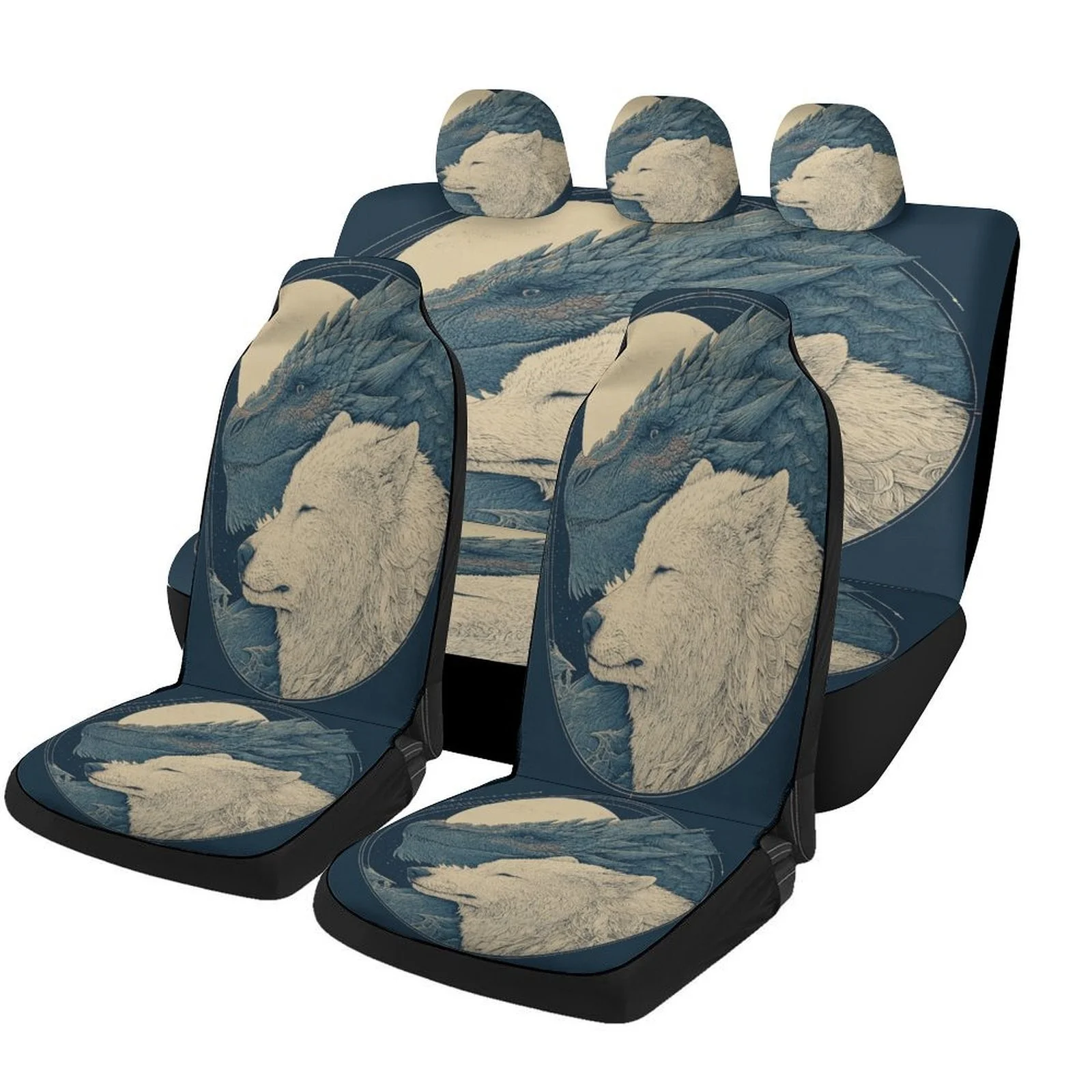 Wolf And Dragon Designed Car Seat Cover Set For Most Cars, Trendy Novelty High-quality Car Seat Protector Covers Full Set, Unive