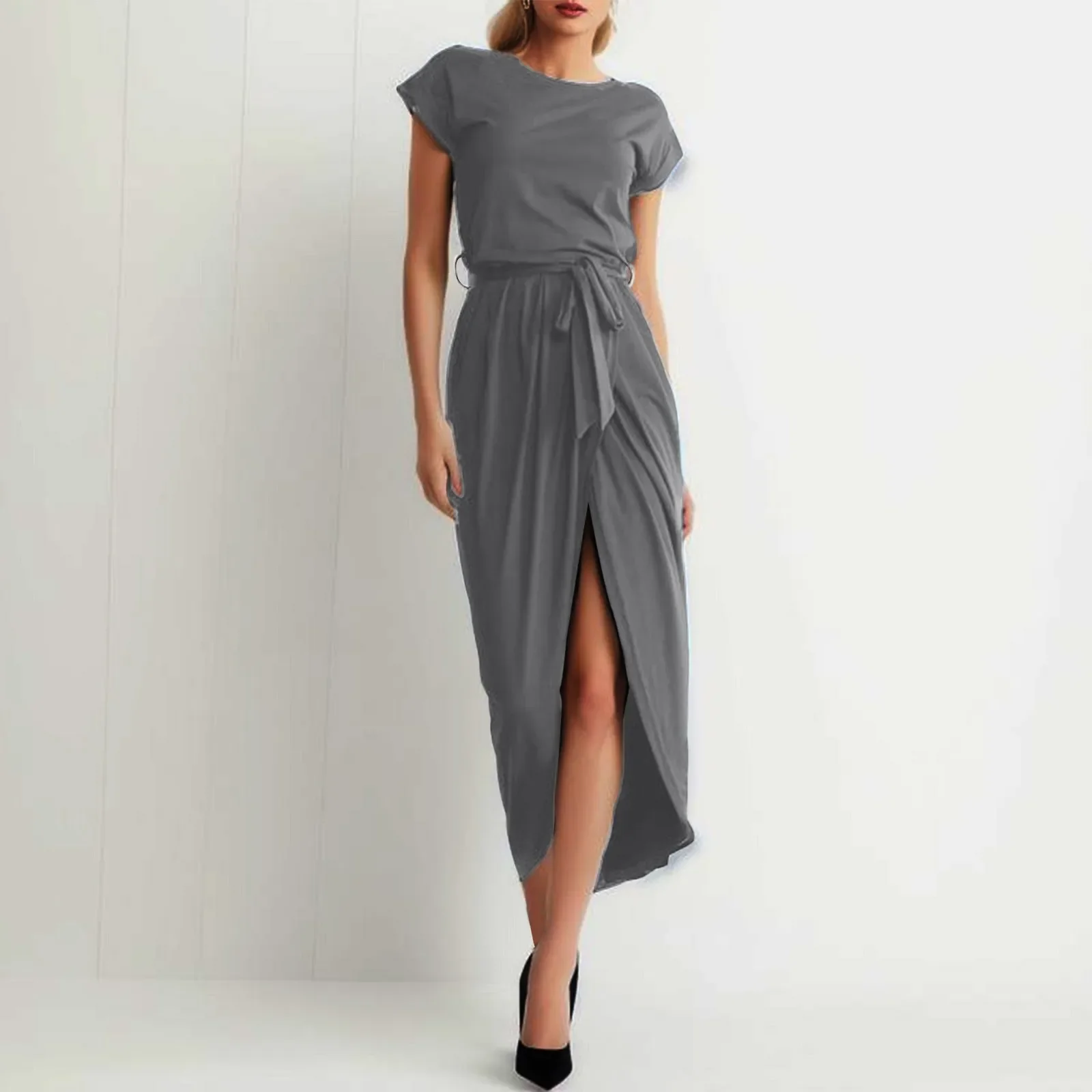 

Fashion New In Summer Autumn Midi Dress Women Split Wrap Robe Short Sleeve Slim Solid Casual Vestidos With Belt Femme 2023