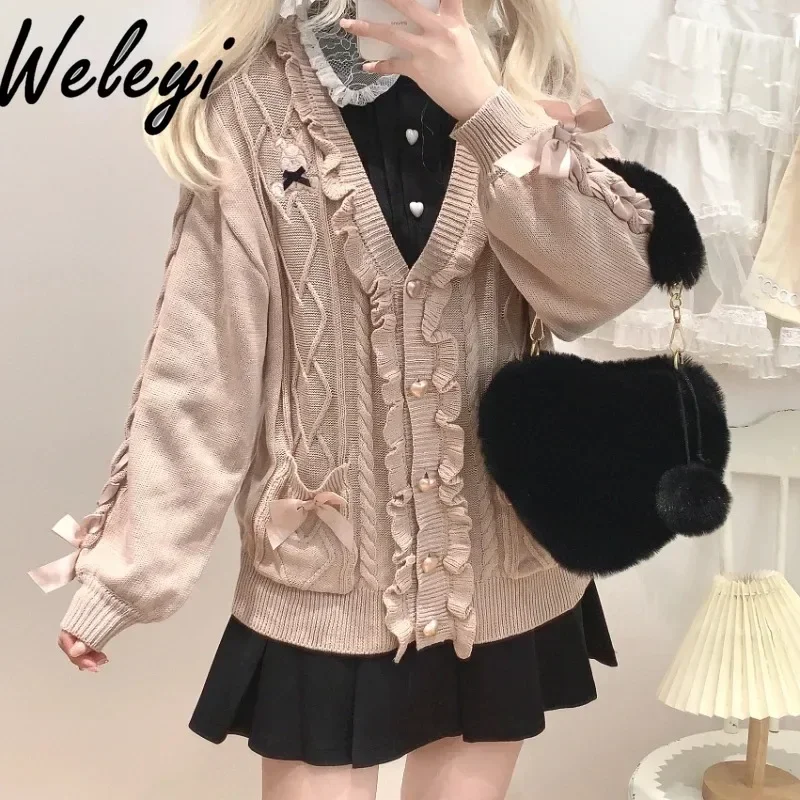 Lolita Cute SC Rabbit Embroidered Wood Ear Knitted Cardigans Sweet Fried Dough Twists Love Strap Mid-length Sweater Cardigan