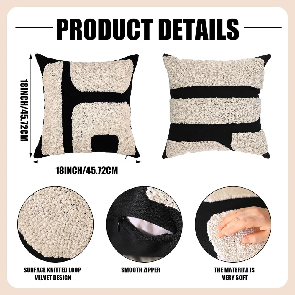 أغطية وسائد معنقدة مكتنزة باللونين الأبيض والأسود، أغطية وسائد مزخرفة هندسية بوهو، نمط تجريدي مقاس 18 × 18 بوصة #2