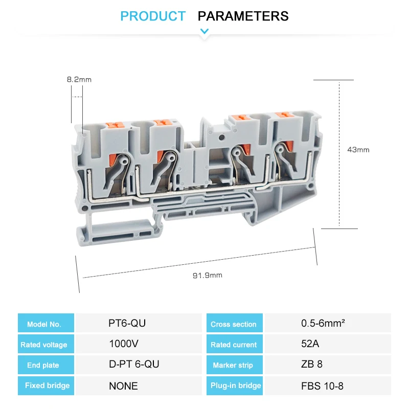 10Pcs PT6-QU Push In Terminal Block 6mm² Electrical Cable Connect PT 6-Quattro Din Rail 4 Wires Wiring Connector