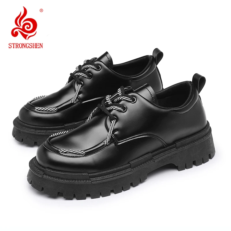 STRONGSHEN Men Leather Shoes Fashion Chunky Platform Retro Business Work Shoes Derby Shoes Man Casual Flats Wedding Shoes