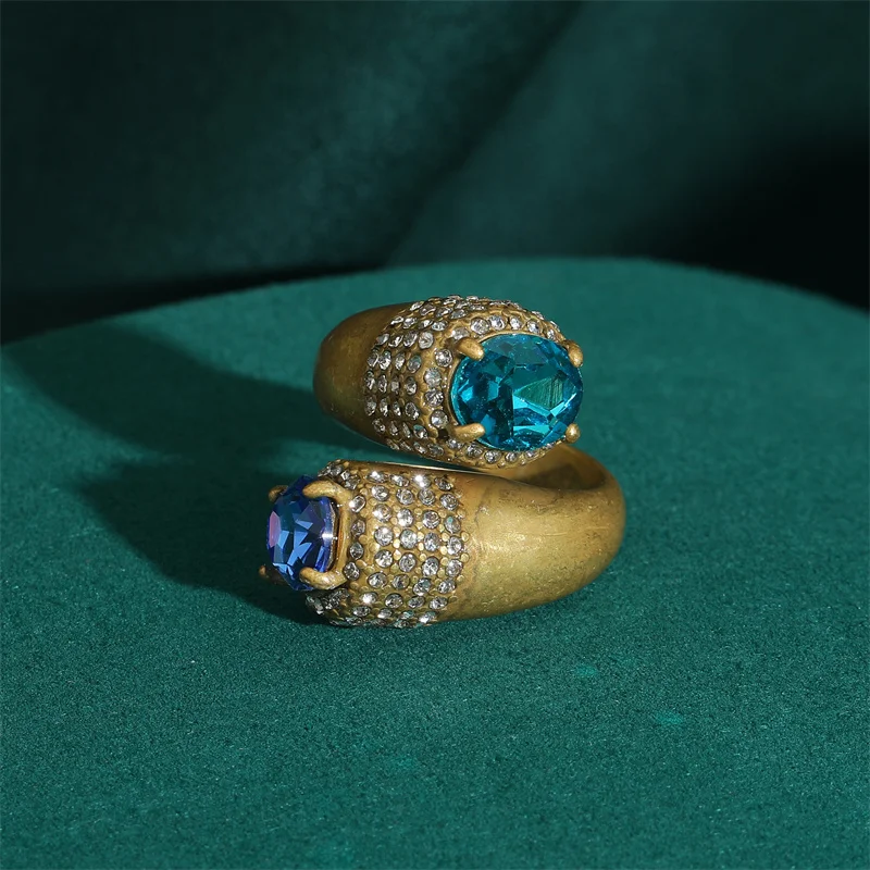 Blue Natural Stone Open Leopard Rings Fashionable Retro Water Drop Copper Gold Color Pearl Flower Wide Edition Finger Jewelry