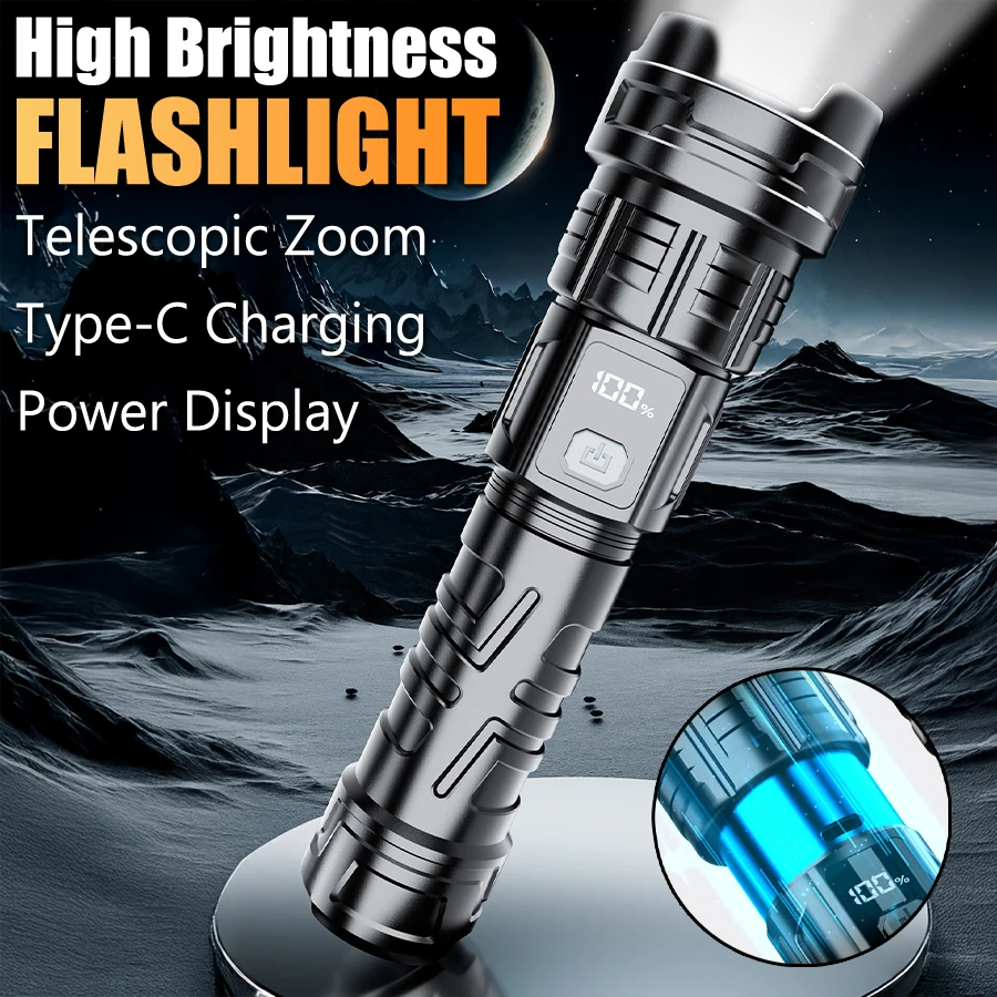 

1000mAh New Powerful LED Flashlight with Telescopic Zoom and High Lumen Outdoor Waterproof Camping Torch Type-c Rechargeable