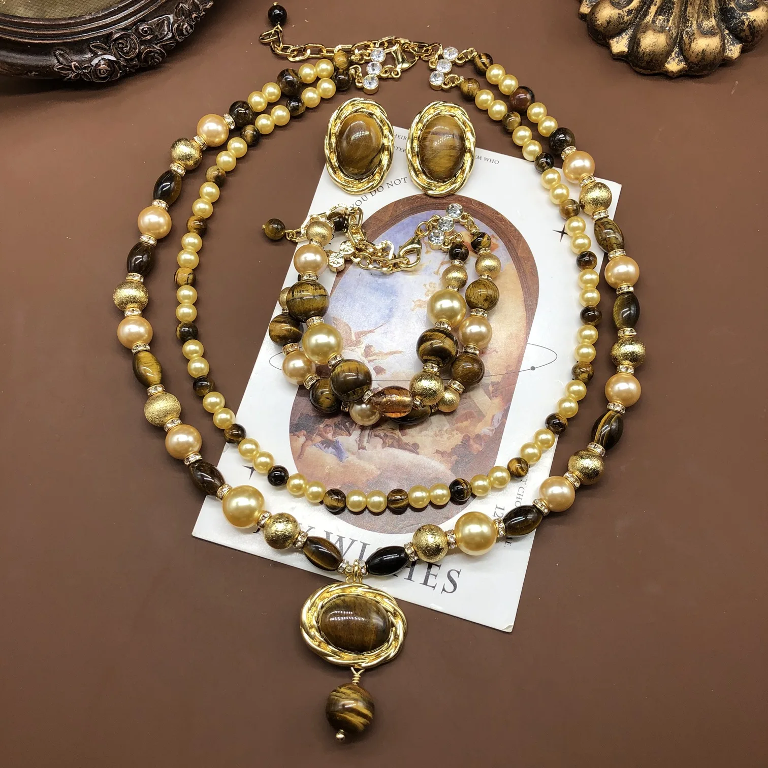 

Tiger Eye Stone Melad Copper Material Clasp Double Layer Necklace and Earrings Jewelry Set