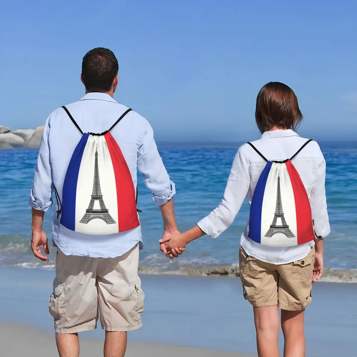 Mochila de cordão portátil para mulheres e homens, bandeira da França, Gym Sport Sackpack, francês La Tour Eiffel, bolsa de compras