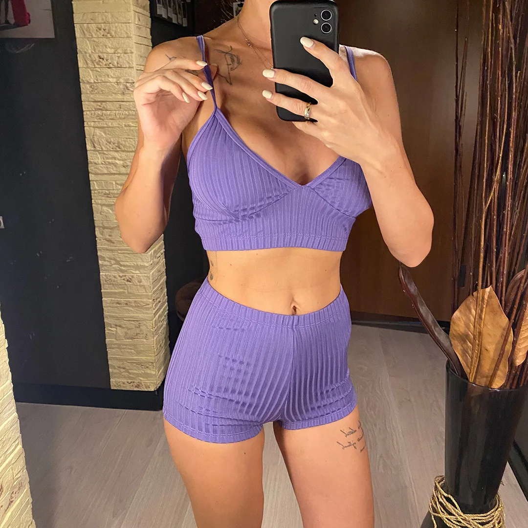 Gerippte Shorts, Damen-Badeanzug, Bikini mit hoher Taille, zweiteiliges Bikini-Set, gepolsterter Badeanzug, Damen-Badebekleidung, V3281. – Detail 10