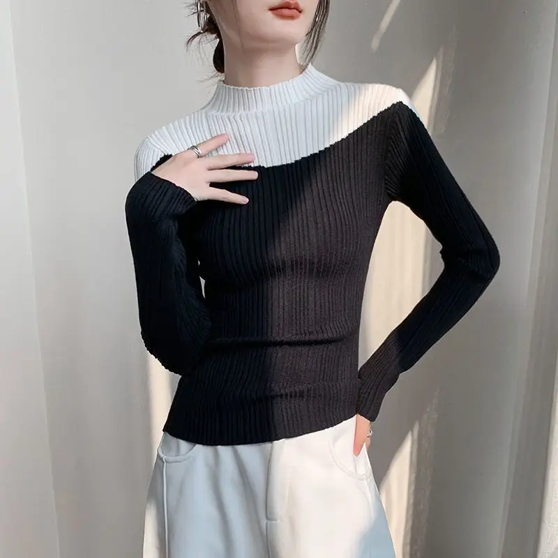 

Autumn and Winter Fashion New Women's Elegant Knitted Color Blocked Cashmere Inner Hoodie Half High Collar Design Sweater