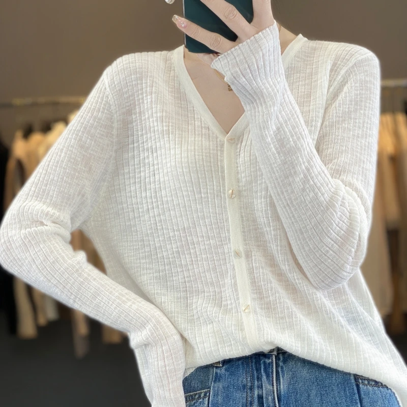 V-Neck Sun Protection Cardigan For Women\'s Summer Thin Breathable Long Sleeved Solid Color Luxury Knitted Sweater Cardigan Top