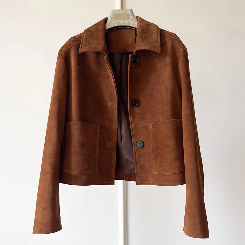 100 % echtes Leder Damen Ziegenleder Kid Wildleder Jacke Mantel 2026 Hohe Luxus weibliche lässig einfache schlanke kurze Lederjacke Tops