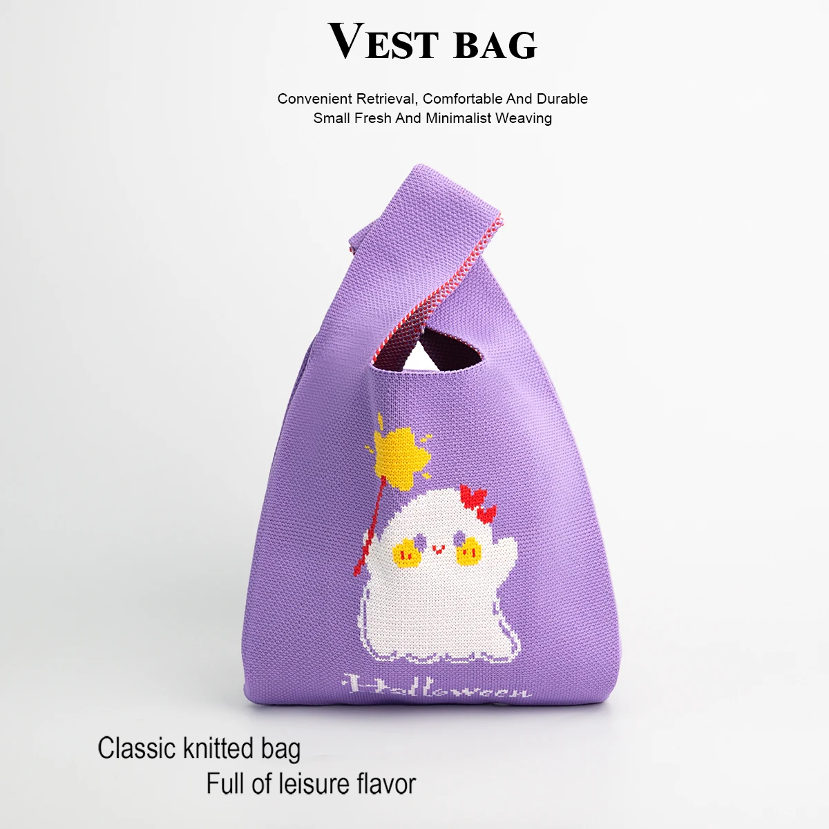 Cartoon Cute Little Ghost Pattern Knitted Handbag, Open and Breathable Large-Capacity Knitted Tote Bag, Can Carry Mobile Phones, Keys and Other Items, Suitable for All Seasons, Perfect for Women and Children to Use on Halloween, Can Hold Candies, a Great Gift for Children