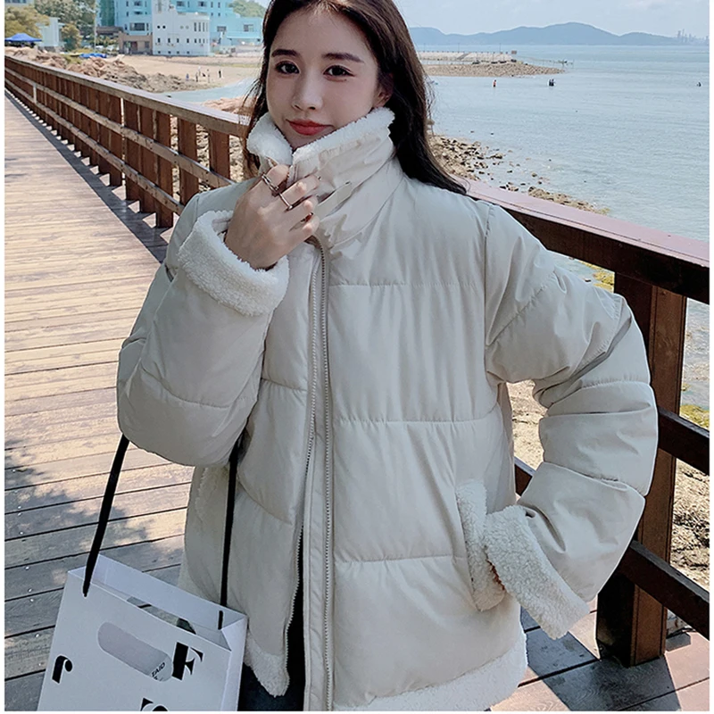 Gidyq Korean Women Lamb Wool Jacket Winter Casual Streetwear Loose Thick Warm Parkas Casual Female Patchwork All Match Overcoat