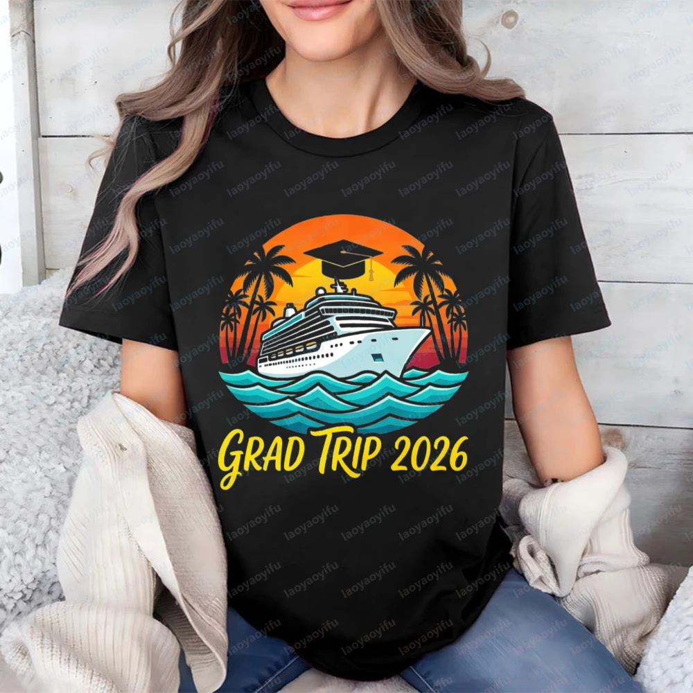 Grad Trip 2026 Cruise Cotton T-Shirt for Women Men Sunset Beach Graphic Tee Vacation Casual Tops Class of 2026 Casual Ropa Mujer