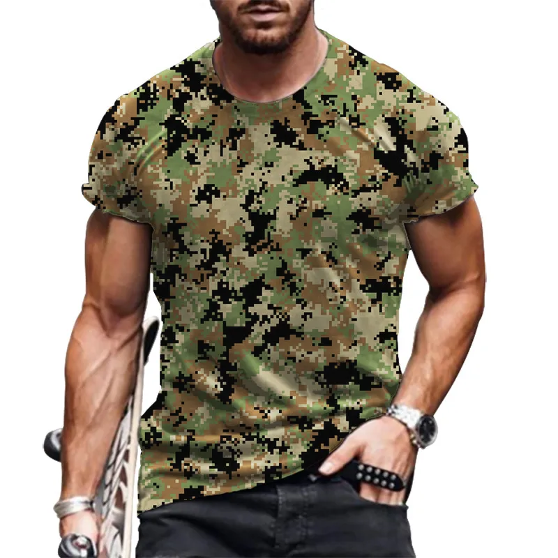 Men\'s Camo T-Shirts Short Sleeve Round-Neck Summer Workout Sports Casual Tops Oversized Loose Breathable Street Male Tees 6XL