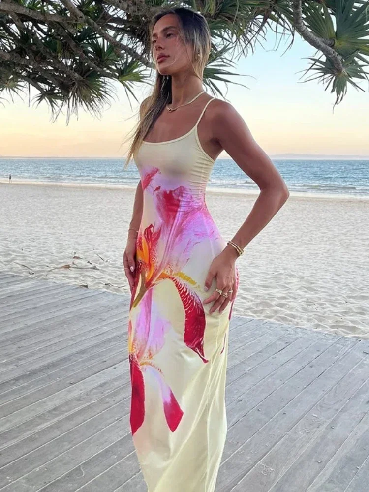 สปาเก็ตตี้สตรีสายคล้องดอกไม้พิมพ์ชุดยาว Holiday Beach ชุดเลดี้แขนกุด Backless Bodycon PARTY Dresses Streetwear