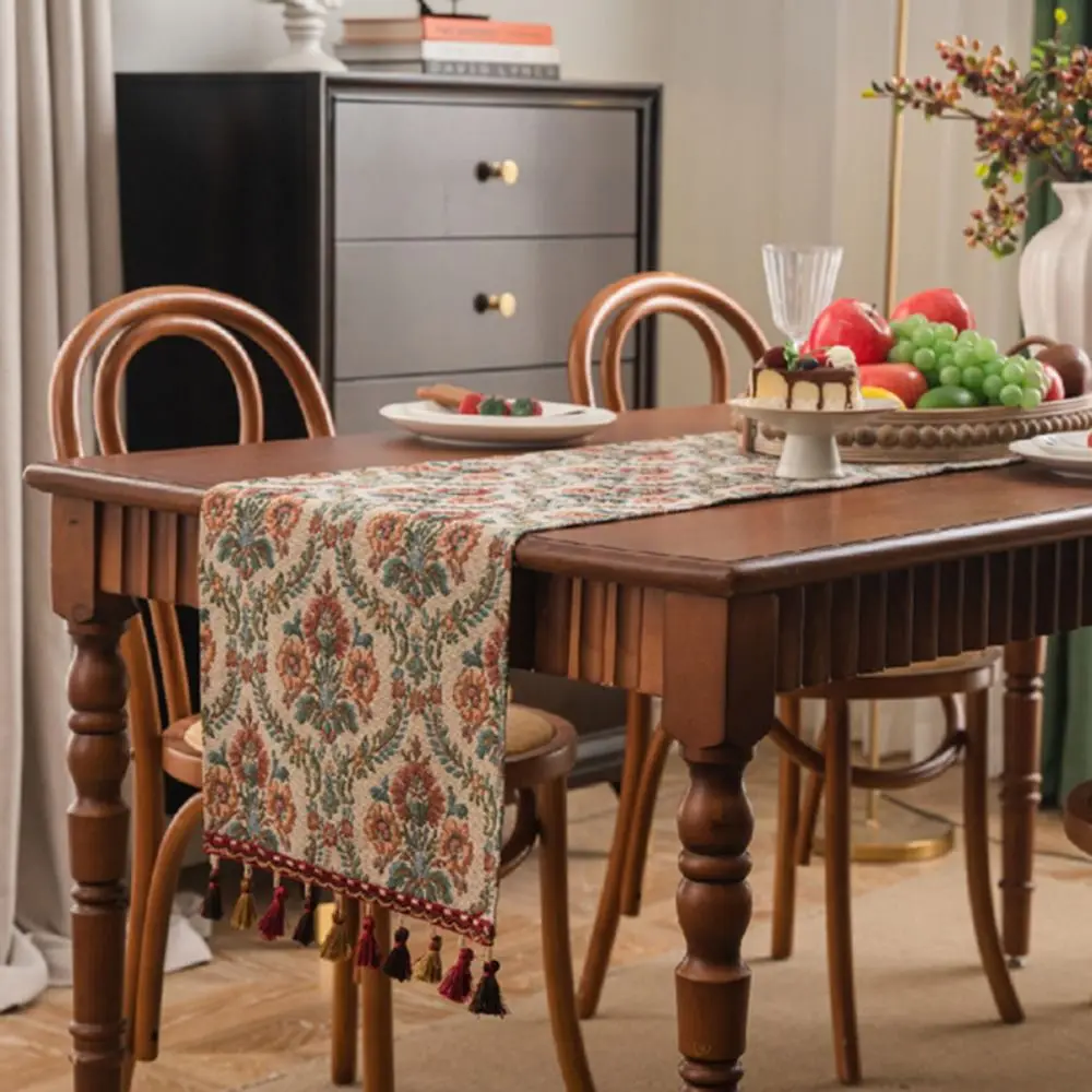 ديكور المنزل خمر الجاكار الجدول عداء زهرة نمط سميكة مفرش المائدة مع غطاء طاولة شرابة السنة الجديدة #4