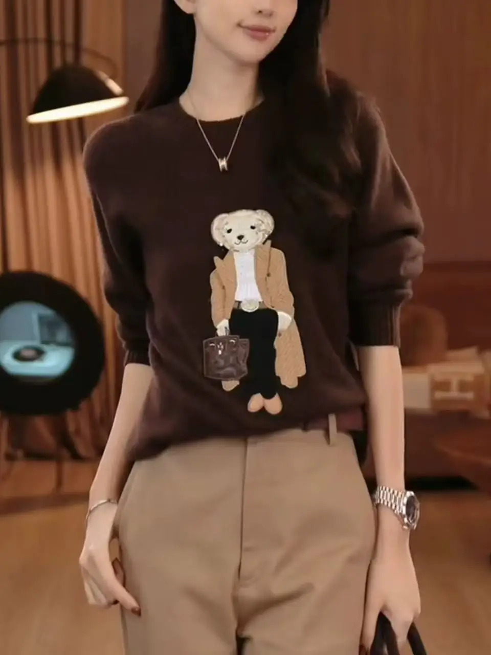 가을 겨울 신상 레트로 만화 테디베어 스웨터 여성용 기품 있는 O넥 긴팔 니트 풀오버 패션 다용도 상의