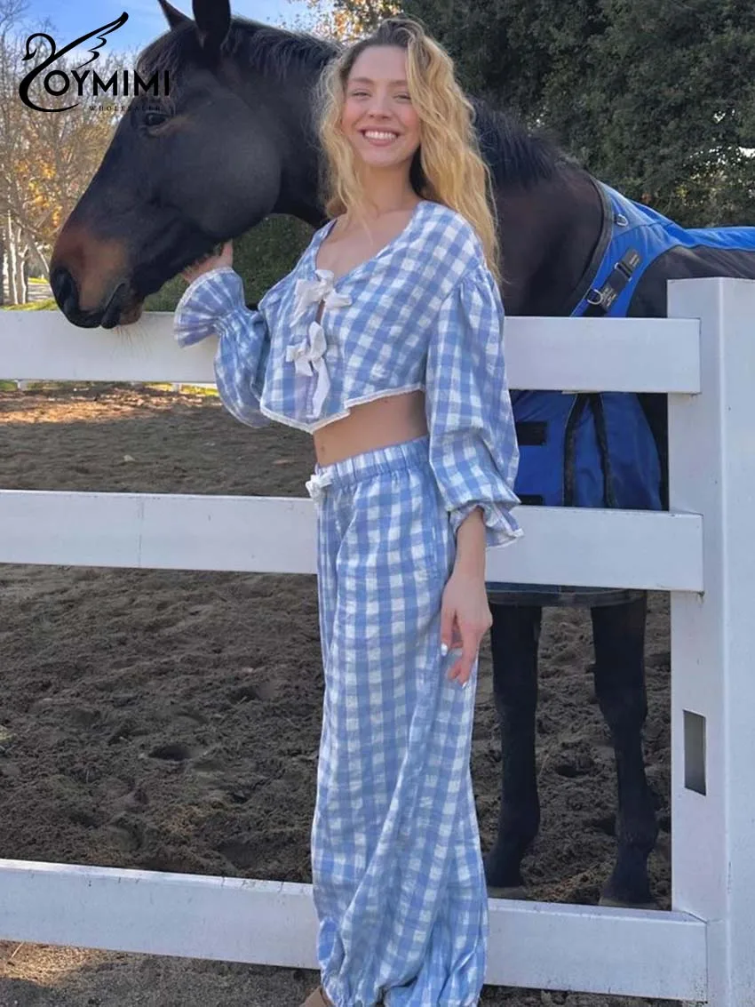 

Oymimi Summer Blue Print Two Piece Outfits Woman Fashion Patchwork Long Sleeve Lace-Up Crop Shirts And Drawstring Pants Sets