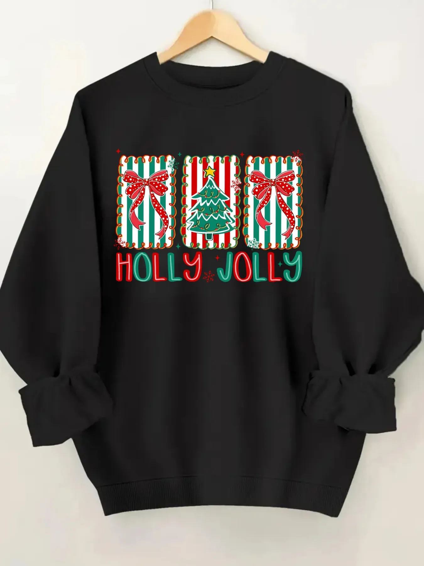 Women's Crew Neck Pullover Sweatshirt Holly Jolly Christmas Design, Soft Casual Long Sleeve, Daily Casual Top Outfit, Winter Women's Clothing, Thanksgiving Outfit