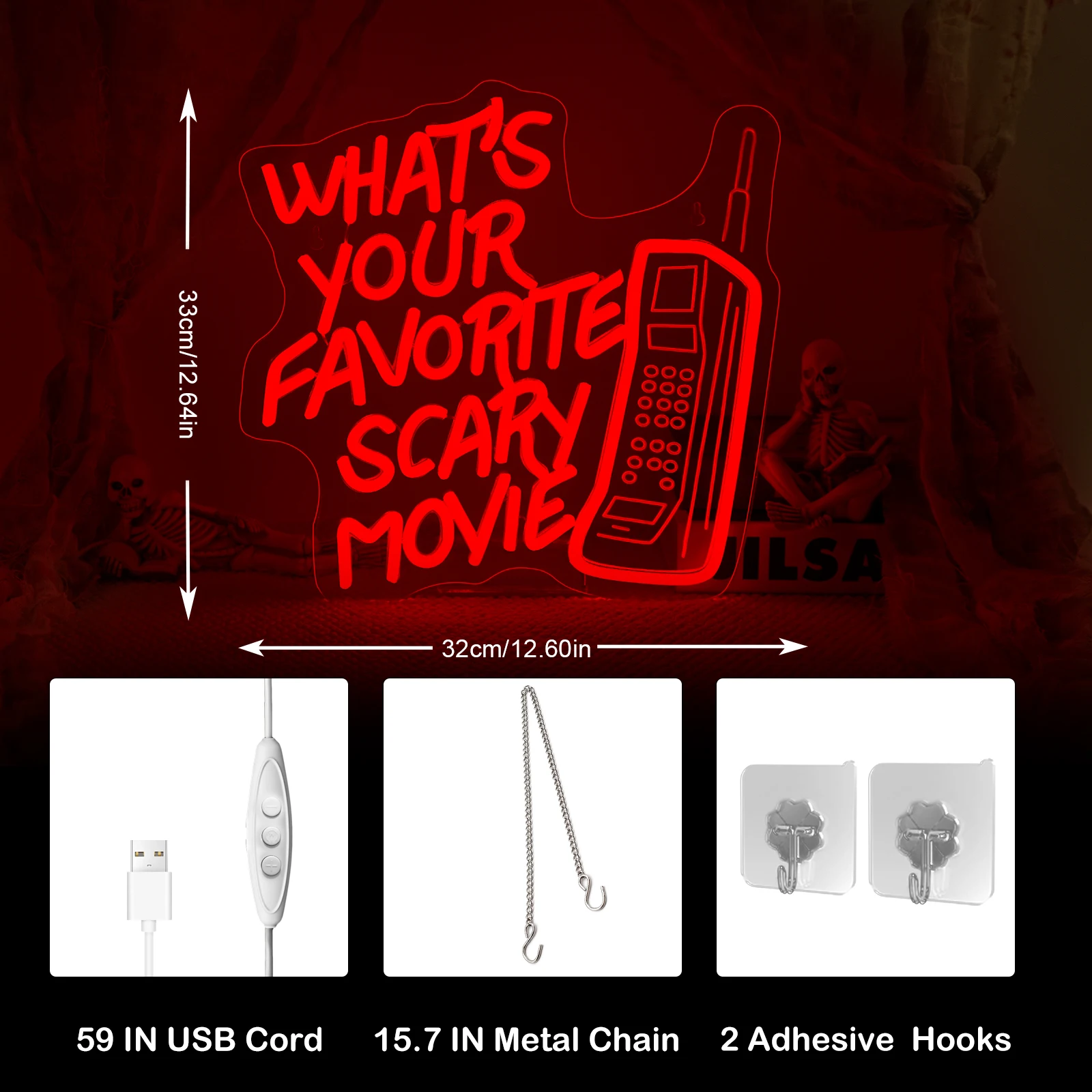 What’s Your Favorite Scary Movie Neon Sign Red LED Wall Light with Retro Phone Design  Horror Movie Night Halloween Party Decor