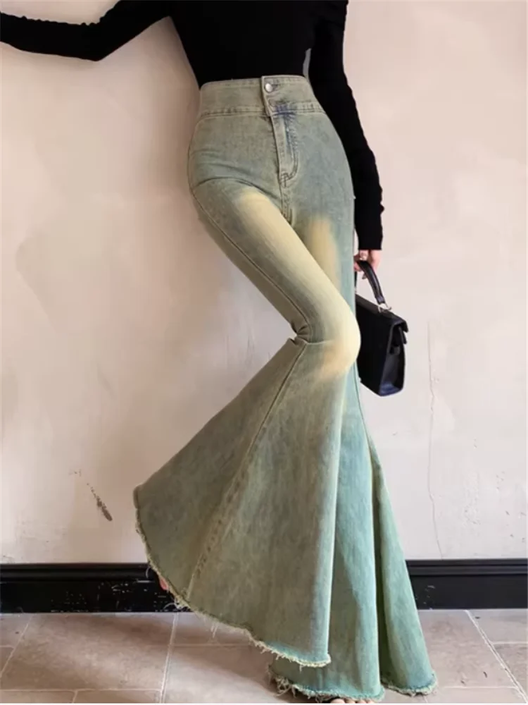 

Hot Girl Vintage Washed High Waist Flare Denim Pants Jeans Women 2026 New Spring Slim Thin Skinny Long Pants Frayed Hem Trousers