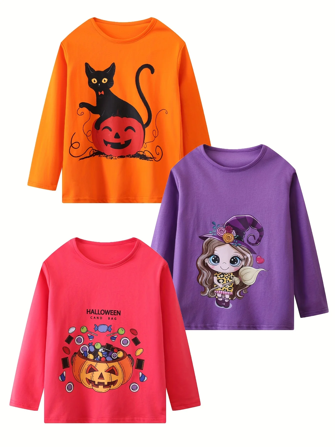 تي شيرت قطني بأكمام طويلة للفتيات مكون من 3 قطع، رقبة دائرية مع مطبوعات على شكل قطة/يقطين/جنية للهالوين، لفصل الربيع والخريف #1