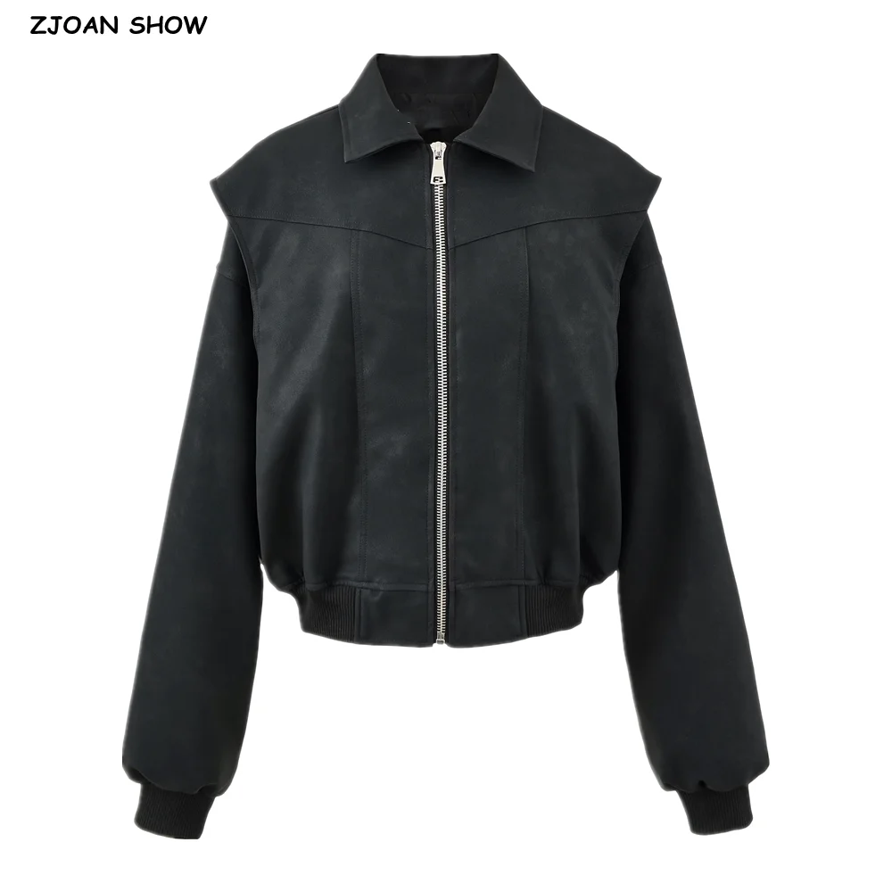 جديد 2025 معطف جلد PU عتيق رائع بياقة على شكل طية صدر السترة للنساء جاكيت منفوخ بحاشية مرنة ملابس خارجية فضفاضة باللون الأسود